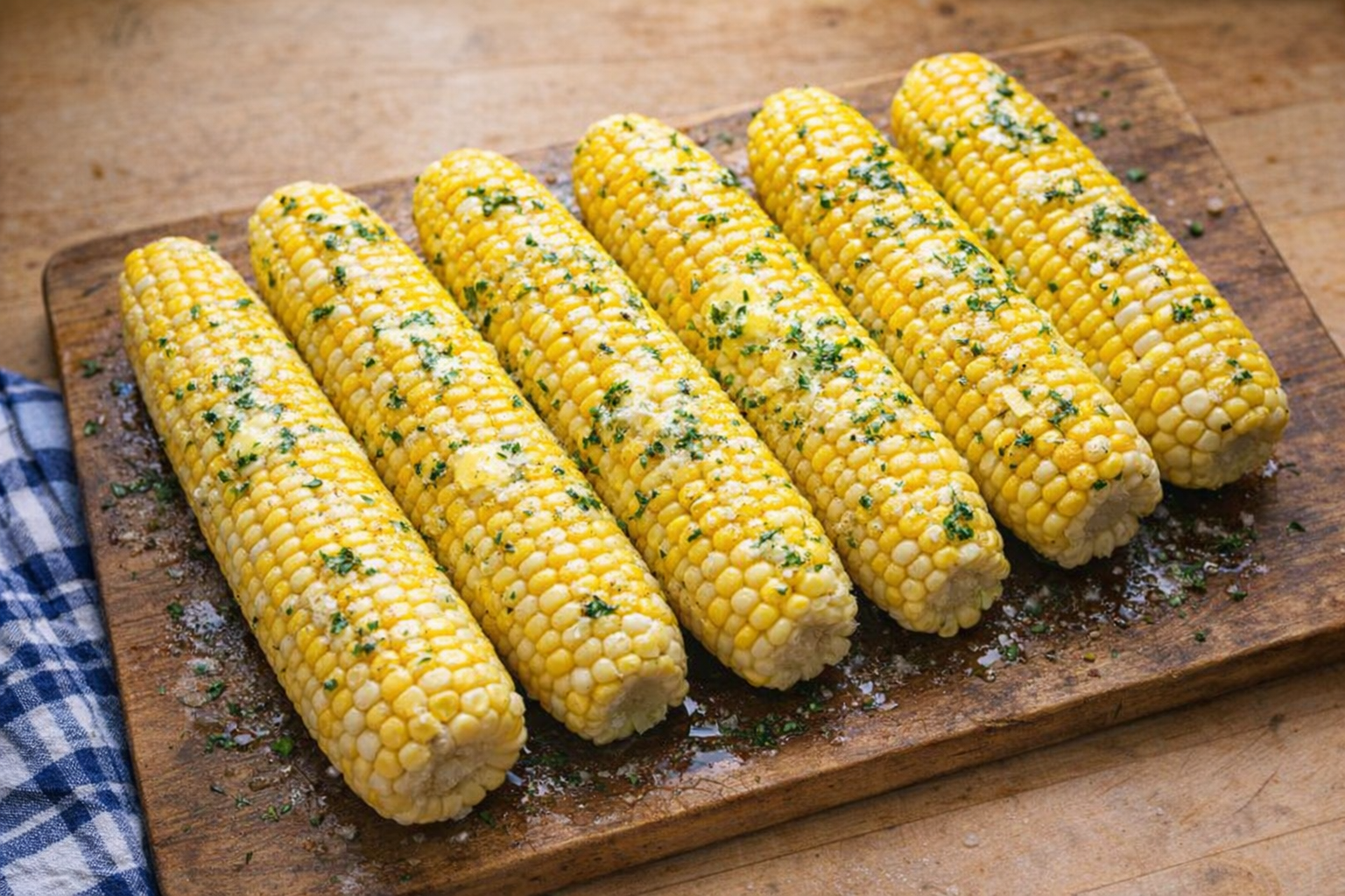 Overhead shot of perfectly boiled corn on the cob, glistening with butter and sprinkled with herbs, on a rustic wooden cutting board with a blue checkered napkin